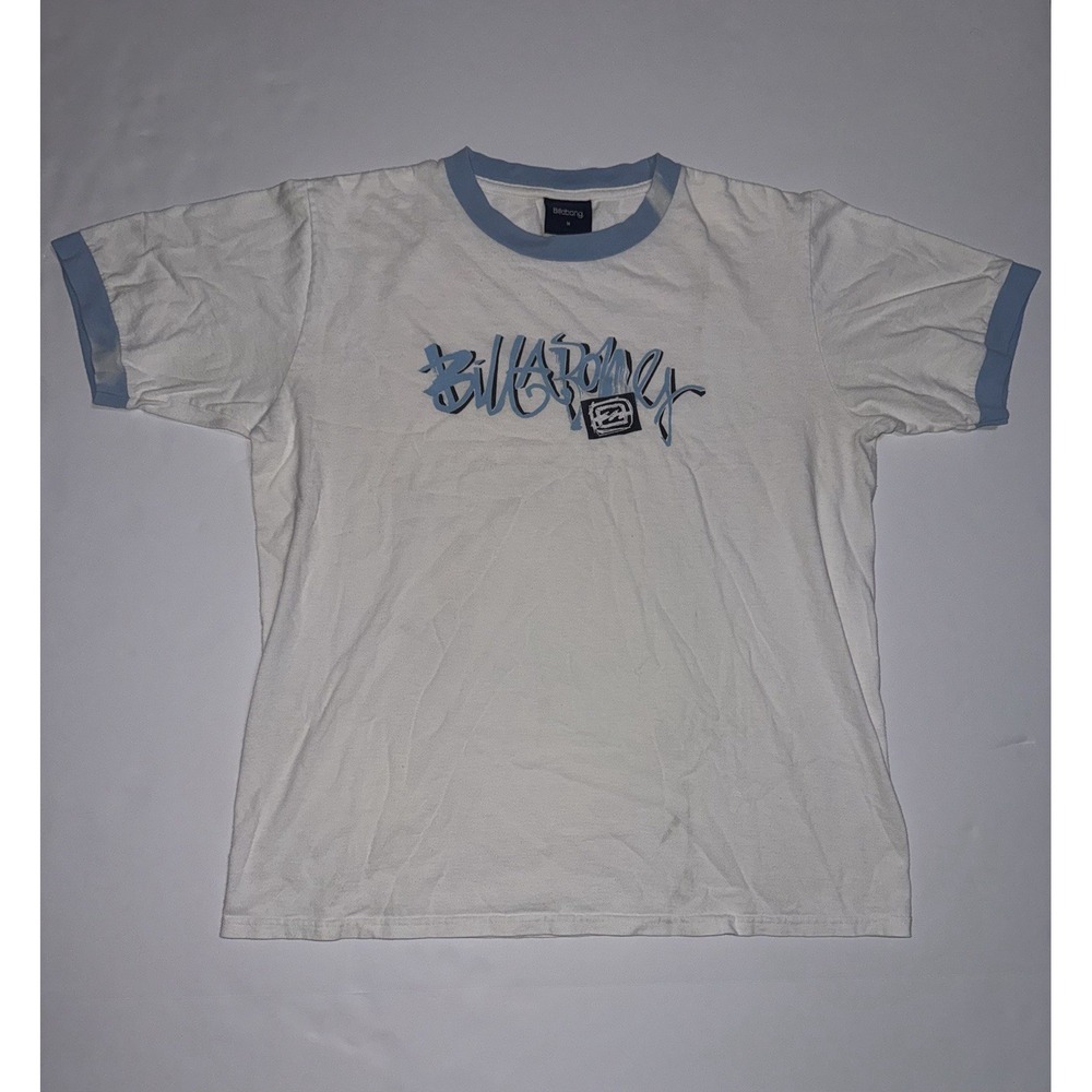 VTG Billabong Surfing Y2K Light Blue Ringer Graphic Shirt Size M Faded
